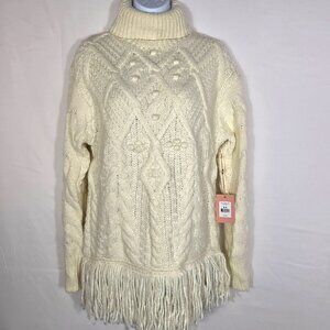 NWT Womens Sweater Sz M Ivory Chunky Turtle Neck Long Sleeve Cable Knit Fringe